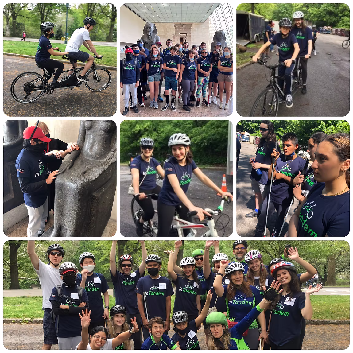 A collage of photos shows a group of people, including children and adults, cycling on tandem bikes and posing together outdoors, all wearing matching navy shirts and helmets, with some touching a stone statue.