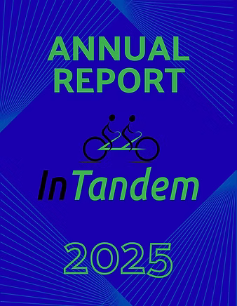 Cover of the InTandem 2025 annual report featuring two outlined figures on a tandem bicycle, with green and black text on a blue background and geometric line patterns.