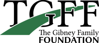 Logo for The Gibney Family Foundation with large black letters TGFF above a green curved line and the foundation name in smaller black text below.