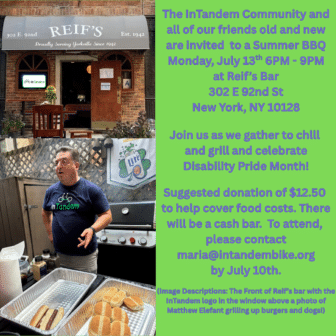 A flyer for an InTandem BBQ at Reif’s Bar, NYC, with event details, a suggested donation, and contact info. The background shows the bar’s exterior with a person grilling burgers in the window.