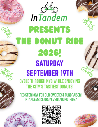 Event poster for The Donut Ride 2026 by InTandem, featuring text details, a QR code, the event date of Saturday, September 19th, and various donuts arranged around the border on a white background.